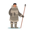 Eskimo Male Character Happy Face Hold Spear Show Thumb Up. Life in Far North, Inuit Hunter Wearing Traditional Clothes