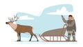 Eskimo Male Character Riding Reindeer Sleigh with Happy Face. Life in Far North Concept, Inuit in Traditional Clothes