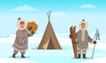 Eskimo Men, Arctic People Near Shelter Like Wigwam