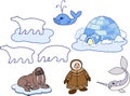 Eskimo in national clothes, igloo and different cartoon animals of polar fauna on white background Royalty Free Stock Photo