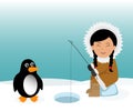 Eskimo and penguin fishing for fish. Concept background trip to Greenland