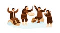 Eskimo people clapping hands, dance and play national ethnic tambourine. Inuit family having fun. Traditional northern