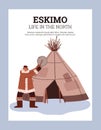 Eskimo people life banner with Northern dwellers, flat vector illustration.