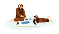 Eskimo people in traditional winter costumes sitting and fishing at snowy ice hole. Alaskan fisherman characters. Flat