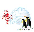 Graphic Illustration of Two Penguins Decorating Candy Canes by Igloo