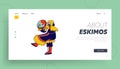 Eskimo Shaman Landing Page Template. Character of Northern Minorities Jump with Tambourine and Amulets Dancing