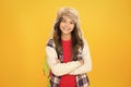 Eskimo smiling schoolgirl long hair soft hat enjoy softness. Winter season concept. Northern region fashion. Soft furry Royalty Free Stock Photo