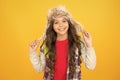 Eskimo style. Soft furry accessory. Child schoolgirl long hair soft hat enjoy softness. Winter season concept. Warm hat Royalty Free Stock Photo