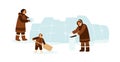 Eskimo traditional family constructing igloo with ice cubes together. Inuit people in traditional clothes building house