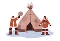 Eskimos couple dancing near igloo hut flat vector illustration isolated. Royalty Free Stock Photo