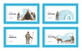 Eskimos Life Landing Page Template Set. Inuit Characters Holding Spear, Building Igloo, Riding Sled, Cooking Fish