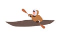 Eskimos man cartoon character in native clothes kayaking, floating on wooden boat with paddles