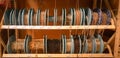 Eskisehir, Turkey - August 16, 2017: Different sorts of metal chains wrapped on coil on shelf at Banio Construction Market