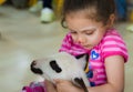 Eskisehir, Turkey - May 05, 2017: Sweet little girl caressing a lamb at the animal days event in the kindergarten.