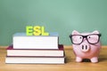 ESL theme with pink piggy bank with chalkboard Royalty Free Stock Photo