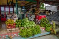 Esmeraldas, Ecuador - March 16, 2016: Delicious watermelons surrounded by other tropical fruits on the counter of the