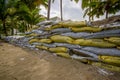 Esmeraldas, Ecuador - March 16, 2016: Sandbags to protect against the flood by tsunami in Same Beach, Casablanca