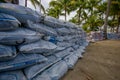 Esmeraldas, Ecuador - March 16, 2016: Sandbags to protect against the flood by tsunami in Same Beach, Casablanca