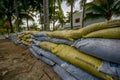 Esmeraldas, Ecuador - March 16, 2016: Sandbags to protect against the flood by tsunami in Same Beach, Casablanca