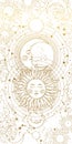 Esoteric banner for astrology, astronomy, tarot. The magical device of the universe, the golden sun and moon on a white Royalty Free Stock Photo