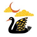 Esoteric bird illustration. Flat mystic black swan with moon and doodle clouds