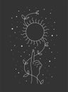 Esoteric celestial summer solstice sun sign levitate over woman hand with foliage. Mystic equinox holiday linear symbol