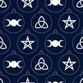 Esoteric christmas seamless pattern with pagan symbol. Sign triquetra, pentagram, triple moon in balls. Merry christmas, witches