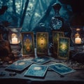 Esoteric composition with tarot cards, mystical atmosphere