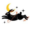 Esoteric concept illustration. Flat mystic hare rabbit, moon and doodles