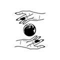 Esoteric concept mystic symbols and fortune-telling hands black vector illustration.