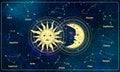 Esoteric crescent moon and sun with moon on zodiac constellation background. Magic banner for astrology, divination