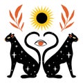 Esoteric doodle illustration. Flat mystic black panthers, magic eye, sun