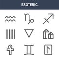 9 esoteric icons pack. trendy esoteric icons on white background. thin outline line icons such as rune, crystal, capricorn .