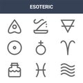 9 esoteric icons pack. trendy esoteric icons on white background. thin outline line icons such as water, aries, incense burner .