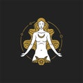 Esoteric line art outline logo woman goddess at circle frame meditating with half moon and flower