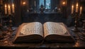 Esoteric manuscript with runic writing illuminated by candlelight in arcane study room Royalty Free Stock Photo