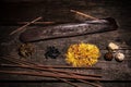 Esoteric and meditation ingredients, joss sticks, incense and dried herbs