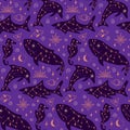 Esoteric mystical flat seamless pattern with whale