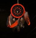 Esoteric and occult still life with red dreamcatcher against black background.