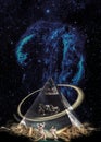 Esoteric pyramid in clouds under the starry galaxy with ring and two figures.