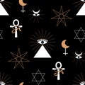 Esoteric symbol pattern design with Egypt old god, eye of Horus, eye of Ra, Lilith icon, pyramid, ankh symbol