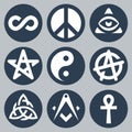 Esoteric symbols icons in blue and white tones