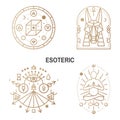 Esoteric symbols. Thin line geometric badge. Outline icon for alchemy, sacred geometry. Mystic, magic design with