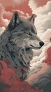 Esoteric Wolf Close-up With Atmospheric Paynes Gray And Crimson Tones