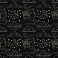Esoterical vector seamless pattern with magic book, clouds and tarot. Isolated linear elements on black background in endless Royalty Free Stock Photo