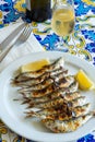 Espeto, Malaga style fish on stick barbecue prepared on olive tree firewoods served with dry fino sherry wine