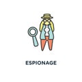 espionage icon. shadowing, spy, sleuthing, disguising, investigate, outline concept symbol design, agent, inspector, investigator