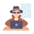 Espionage with Man Private Detective at Laptop Observing Chat Audio Records Vector Illustration