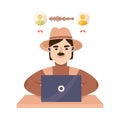 Espionage with Mustached Man Private Detective at Laptop Listening to Audio Conversation Vector Illustration