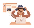 Espionage with Mustached Man Private Detective Working at Laptop Chatting Vector Illustration